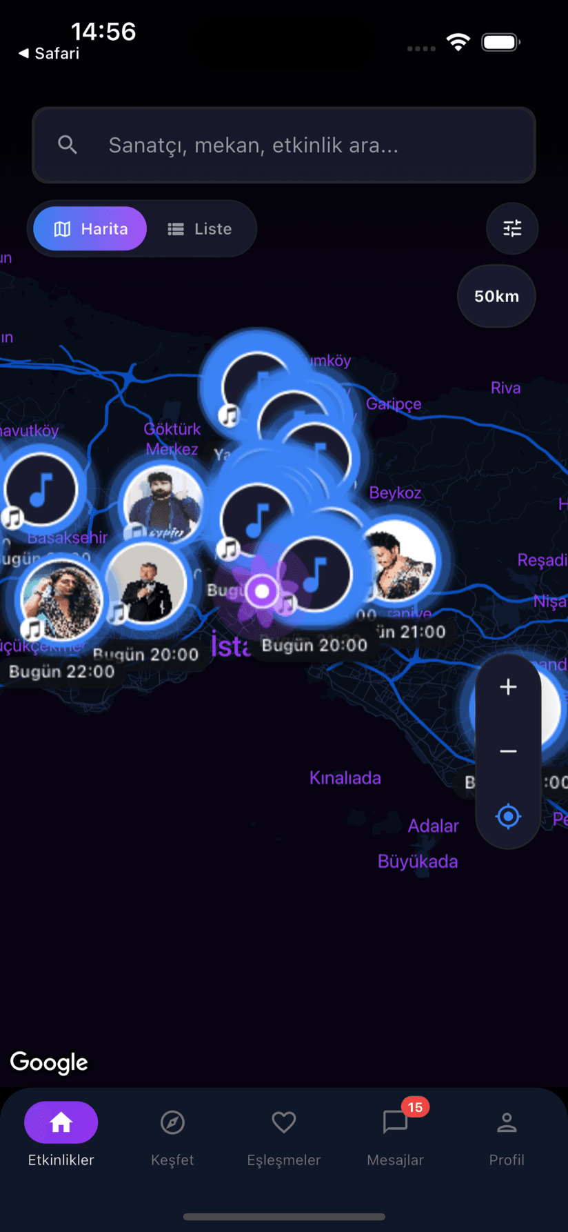 RitimMatch canlı etkinlik haritası ekranı